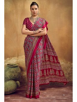 Mysilklove - Angare Maroon Modal Ajrakh Satin Printed Silk Saree with Unstitched Blouse
