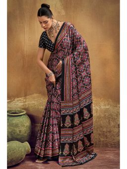 Mysilklove - Mysterious Black Modal Ajrakh Satin Printed Silk Saree with Unstitched Blouse