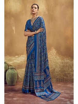 Mysilklove - Arctic Blue Modal Ajrakh Satin Printed Silk Saree with Unstitched Blouse