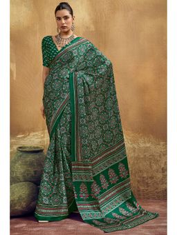 Mysilklove - Grass Green Modal Ajrakh Satin Printed Silk Saree with Unstitched Blouse