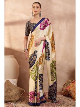 Mysilklove - Apricot Cream Modal Ajrakh Printed Silk Saree with Unstitched Blouse