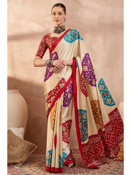Mysilklove - Bright Cream Modal Ajrakh Printed Silk Saree with Unstitched Blouse