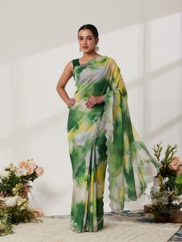 Garden VARELI - Green Georgette Tie and Dye Saree with Unstitched Blouse