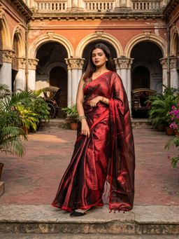 AAKAR - Wine Drizzle Red Handloom Tissue Saree Without Blouse