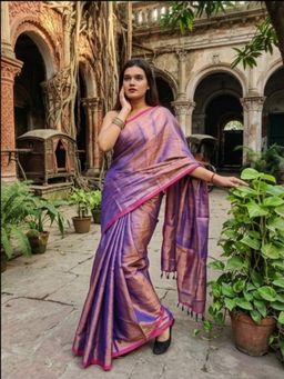 AAKAR - Midnight Melt Blue Handloom Tissue Saree Without Blouse