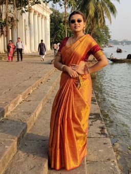AAKAR - Orange Glow Orange Handloom Tissue Saree Without Blouse