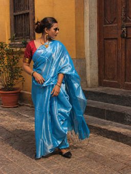AAKAR - Aqua Bloom Ocean Blue Handloom Tissue Saree Without Blouse