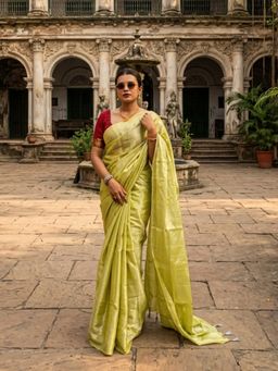AAKAR - Citrine Breeze Lime Yellow Handloom Tissue Saree Without Blouse