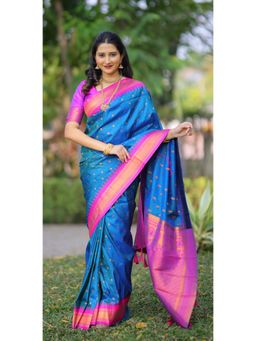 Suha - Blue Women Kanji Gadwal Art Silk Banarasi Saree with Unstitched Blouse