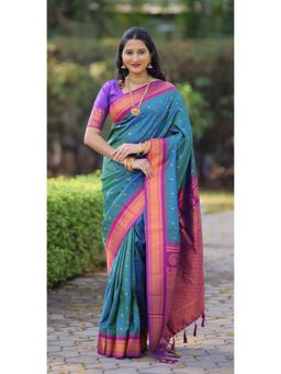 Suha - Teal Women Kanji Gadwal Art Silk Banarasi Saree with Unstitched Blouse