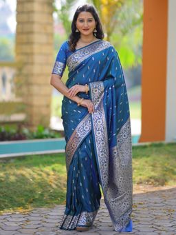 Suha - Teal Women Banarasi Art Silk Woven Saree with Unstitched Blouse