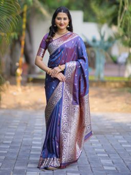 Suha - Blue Women Banarasi Art Silk Woven Saree with Unstitched Blouse