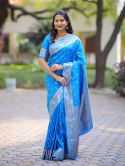 Suha - Turquoise Women Banarasi Art Silk Woven Saree with Unstitched Blouse