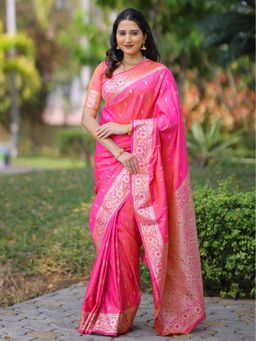 Suha - Pink Women Banarasi Art Silk Woven Saree with Unstitched Blouse