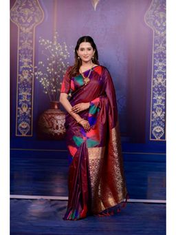 Suha - Maroon Women Soft Art Silk Paithani Temple Border Saree with Unstitched Blouse