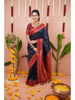 Suha - Navy Blue Women Soft Art Silk Paithani Temple Border Saree with Unstitched Blouse
