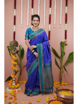 Suha - Blue Women Art Silk Paithani Temple Border Saree with Unstitched Blouse