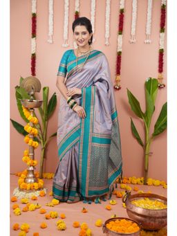 Suha - Grey Women Soft Art Silk Paithani Temple Border Saree with Unstitched Blouse