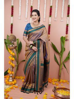 Suha - Beige Women Soft Art Silk Paithani Temple Border Saree with Unstitched Blouse
