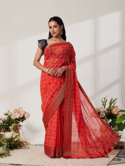 Garden VARELI - Orange Georgette Geometric Print Saree with Unstitched Blouse