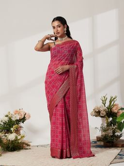 Garden VARELI - Pink Georgette Geometric Print Saree with Unstitched Blouse