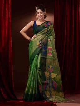 CHARUKRITI - Green Tissue Muslin Handwoven Multicolour Floral Motifs Saree with Unstitched Blouse