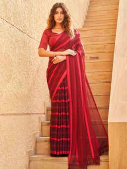 Tikhi Imli - Pink Colored Striped Satin Saree With Unstitched Blouse