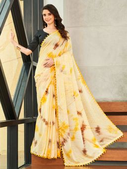 Tikhi Imli - Yellow Crepe Jacquard Saree With Pompom Lace With Unstitched Blouse