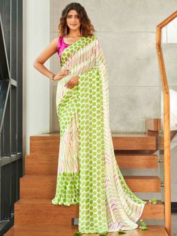 Tikhi Imli - Off White & Green Casual Wear Polka Dot And Lehariya Printed Saree With Unstitched Blouse