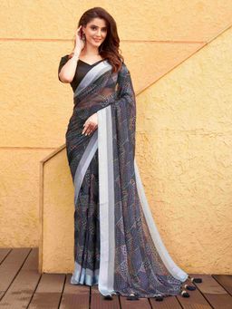 Tikhi Imli - Navy Blue Colored Striped Printed Saree With Unstitched Blouse