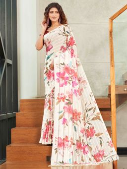 Tikhi Imli - Off White Striped Digital Print Saree With Mirror Work With Unstitched Blouse