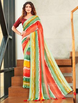Tikhi Imli - Multicolour Striped Geometric Print Saree With Unstitched Blouse