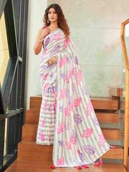Tikhi Imli - White Striped Floral Printed Saree With Tassel With Unstitched Blouse