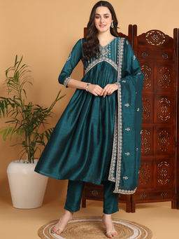 Vaamsi - Women Teal Silk Blend Solid Embroidered Flared Kurta with Pant & Dupatta (Set of 3)