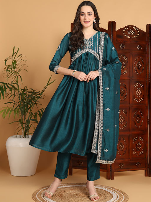 Vaamsi Women Teal Silk Blend Solid Embroidered Flared Kurta with Pant & Dupatta (Set of 3)