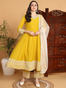 Vaamsi - Women Yellow Solid Embroidered Flared Kurta with Trouser & Dupatta (Set of 3)