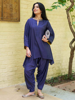 SURMA - Women's Navy Blue Viscose Blend Solid Kurti and Dhoti