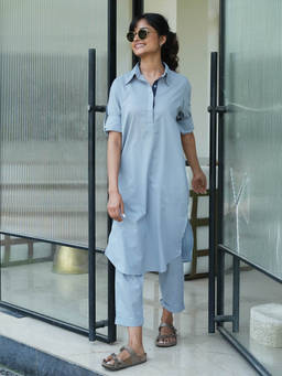 SURMA - Women's Blue Cotton Solid Kurta and Pant