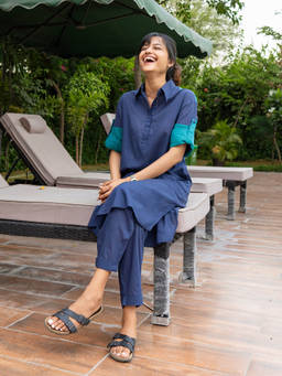 SURMA - Women's Navy Blue Cotton Solid Kurta and Pant