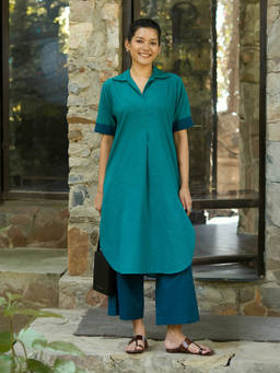 SURMA - Women's Teal Cotton Solid Kurta and Pant