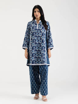 Setara - Women's Blue Cotton Floral Kurti and Salwar