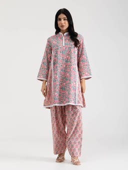 Setara - Women's Pink Cotton Floral Kurti and Salwar