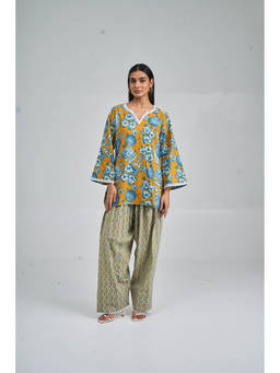 Setara - Women's Yellow Cotton Floral Kurti and Salwar
