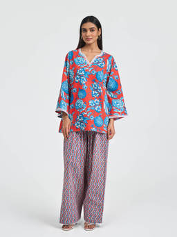 Setara - Women's Red Cotton Floral Kurti and Salwar