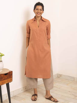 SURMA - Women's Peach Cotton Blend Solid Kurta and Pant