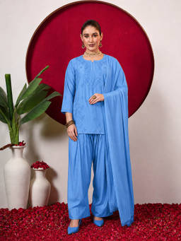 The Chikan Label - Women's Blue Chanderi Embroidered Kurti with Salwar & Dupatta
