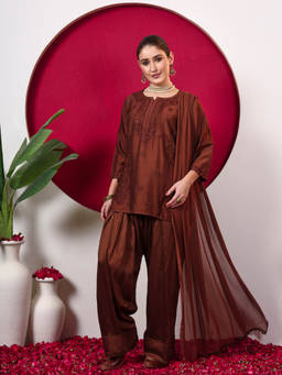 The Chikan Label - Women's Brown Chanderi Embroidered Kurti with Salwar & Dupatta