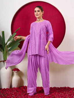 The Chikan Label - Women's Lavender Chanderi Embroidered Kurti with Salwar & Dupatta