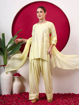 The Chikan Label - Women's Yellow Chanderi Embroidered Kurti with Salwar & Dupatta