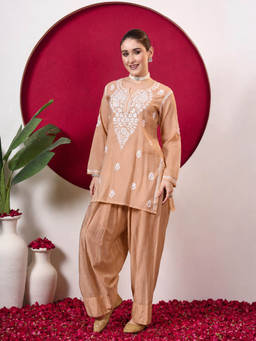 The Chikan Label - Women's Beige Chanderi Embroidered Kurti and Salwar